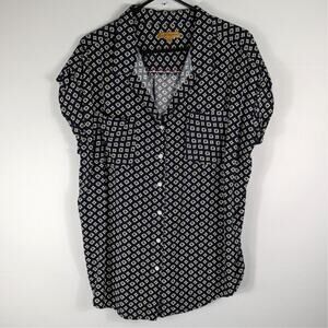 Jachs Girlfriend XL Navy White Geometric Print Button Front Short Sleeve Blouse